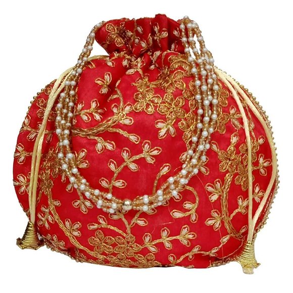 Silk Potli Bag Clutch, Drawstring Purse Intricate Gold Thread & Sequin :^) - Picture 1 of 6